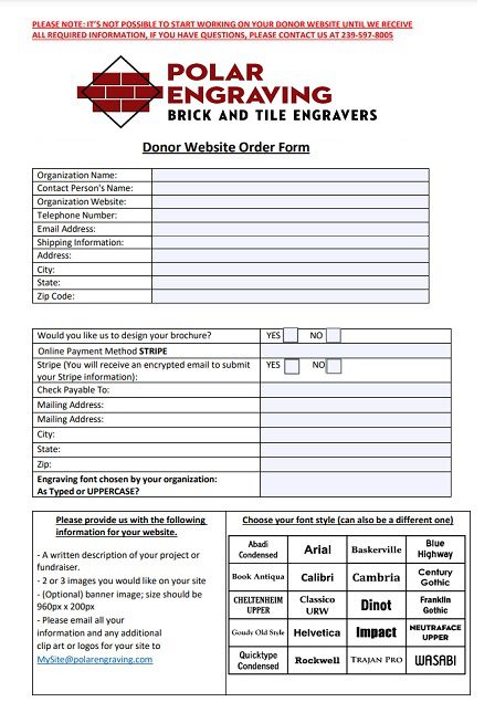 Donor website order form
