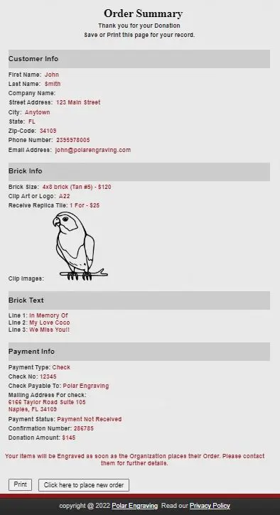 Order summary or receipt example